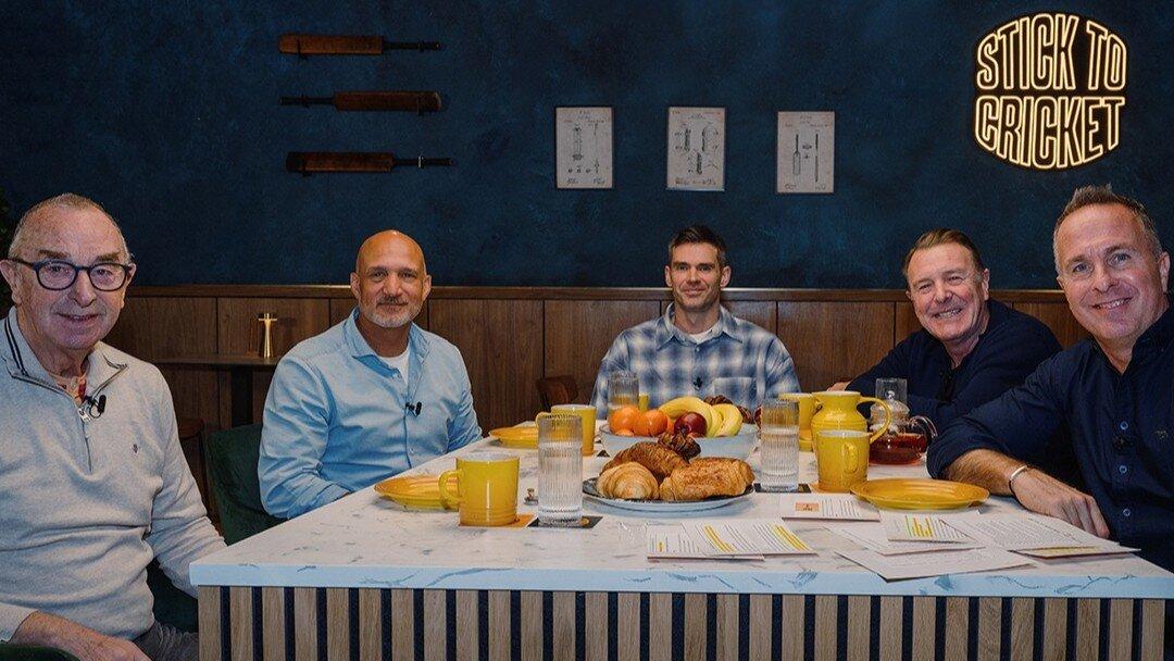 Michael Vaughan, Mark Butcher, David 'Bumble' Lloyd, Phil 'Tuffers' Tufnell and Sir Jimmy Anderson sat around a table in the Stick to Cricket studio